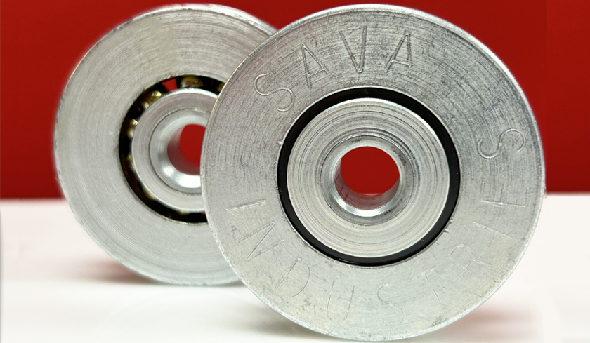 Two plated steel pulleys, one with a shielded bearing and one with an unshielded bearing.